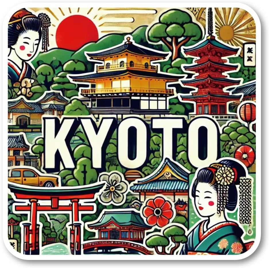 Kongashi Region Sticker Set, Design Set with Famous Places and Cultures of Osaka, Kyoto, Hyogo, Nara, Shiga, Wakayama, and Mie, Perfect for Travel and Tourism Souvenirs, Suitcase, Laptop, Water Bottle, Waterproof Vinyl Material, Kyoto