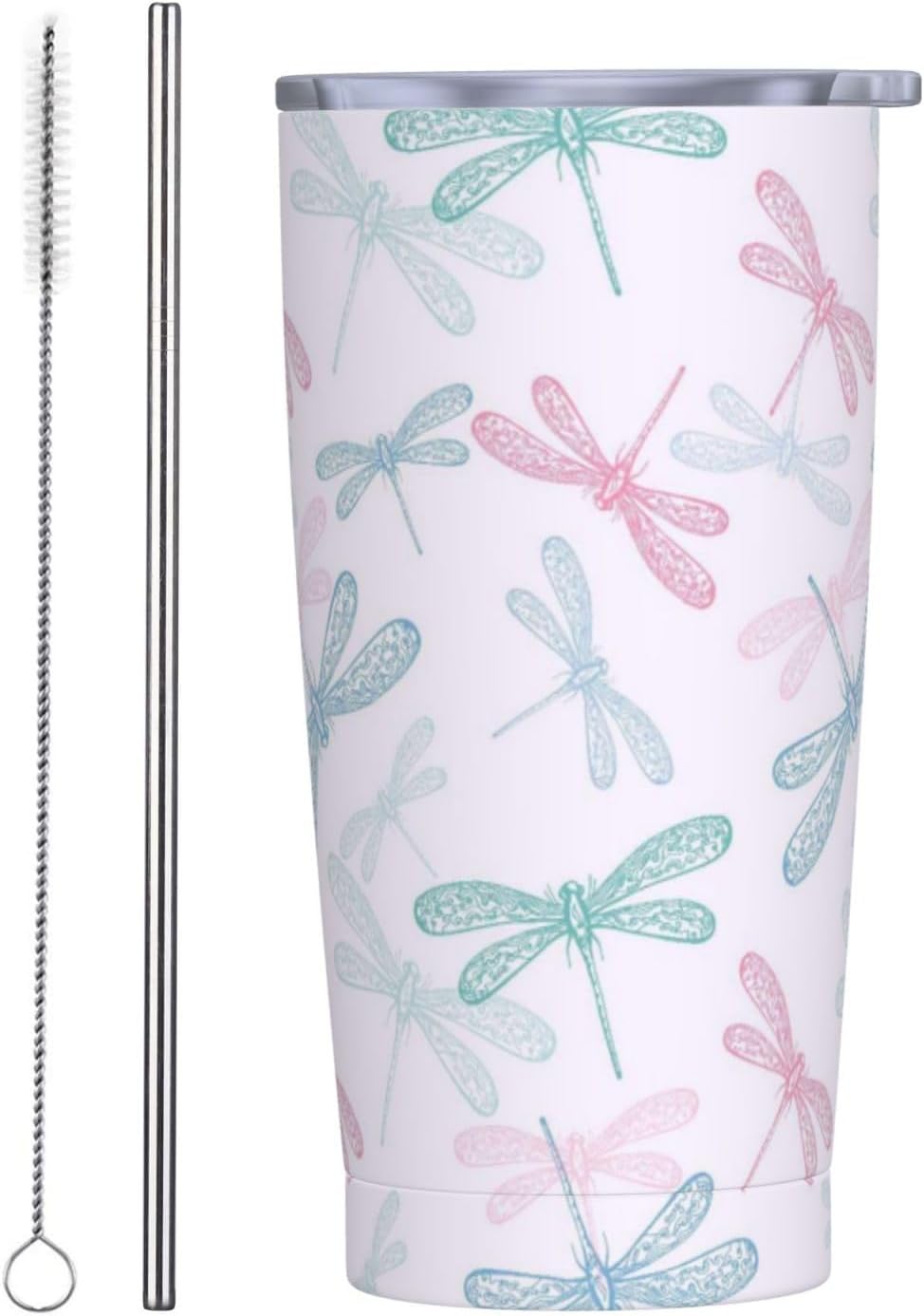Dragonfly - Vaso de 20 onzas con tapa y popote para mujeres y hombres, taza aislada con diseño de libélula rosa y azul, para amantes de los animales, vaso de acero inoxidable de doble pared