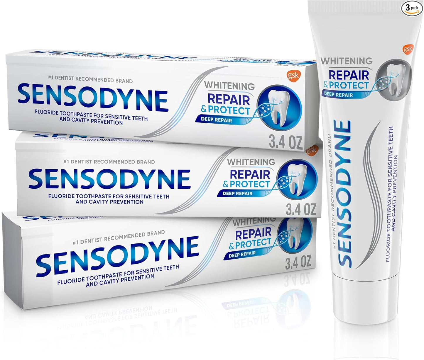 Sensodyne Repair and Protect - Pasta dental blanqueadora para dientes sensibles y prevención de caries, 3.4 onzas (paquete de 2)