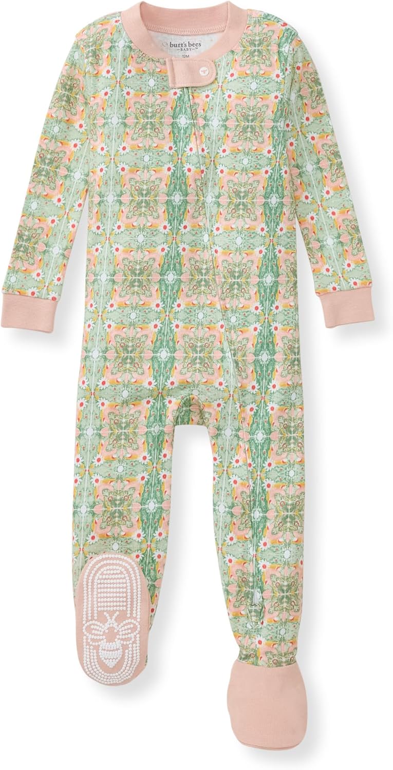 Burt's Bees Baby Pijama para niñas, 100% algodón orgánico, pijama de una pieza, overol con cremallera diagonal, ajuste cómodo