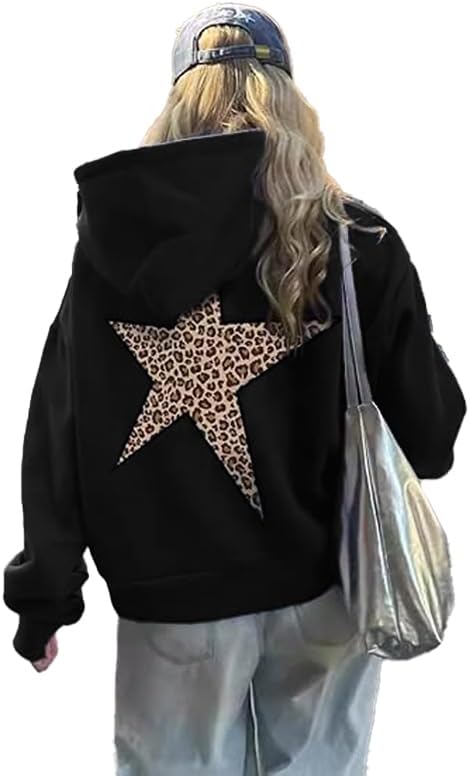 heyheyshine Sudaderas con Capucha con Gráfico de Estrella Oversized Y2k con Estampado de Leopardo Sudadera con Capucha Cheetah Hoodie Streetwear Tops Pullover Unisex