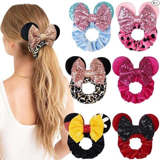 Paquete de 6 Coleteros con Orejas de Ratón, Lazos de Terciopelo con Lentejuelas Brillantes, Bandas Elásticas de Goma para Coletas, Lazos para el Cabello, Decoración para Fiesta de Navidad para Niños