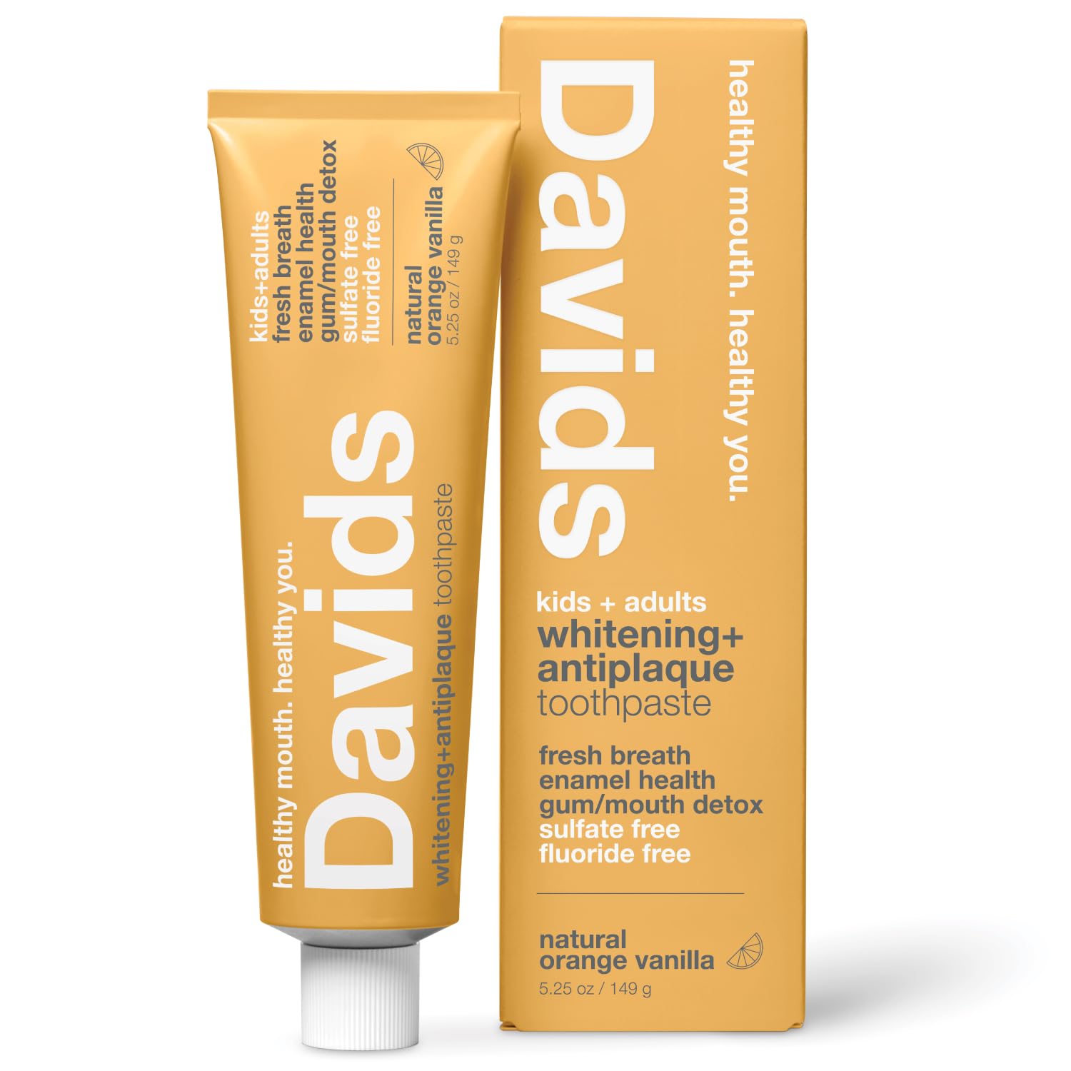 Davids Fluoride Free Toothpaste, Teeth Whitening, Antiplaque, SLS (Sulfate) Free, Promotes Enamel Health, Mouth & Gum Detox, EWG Verified, Peppermint, 5.25oz