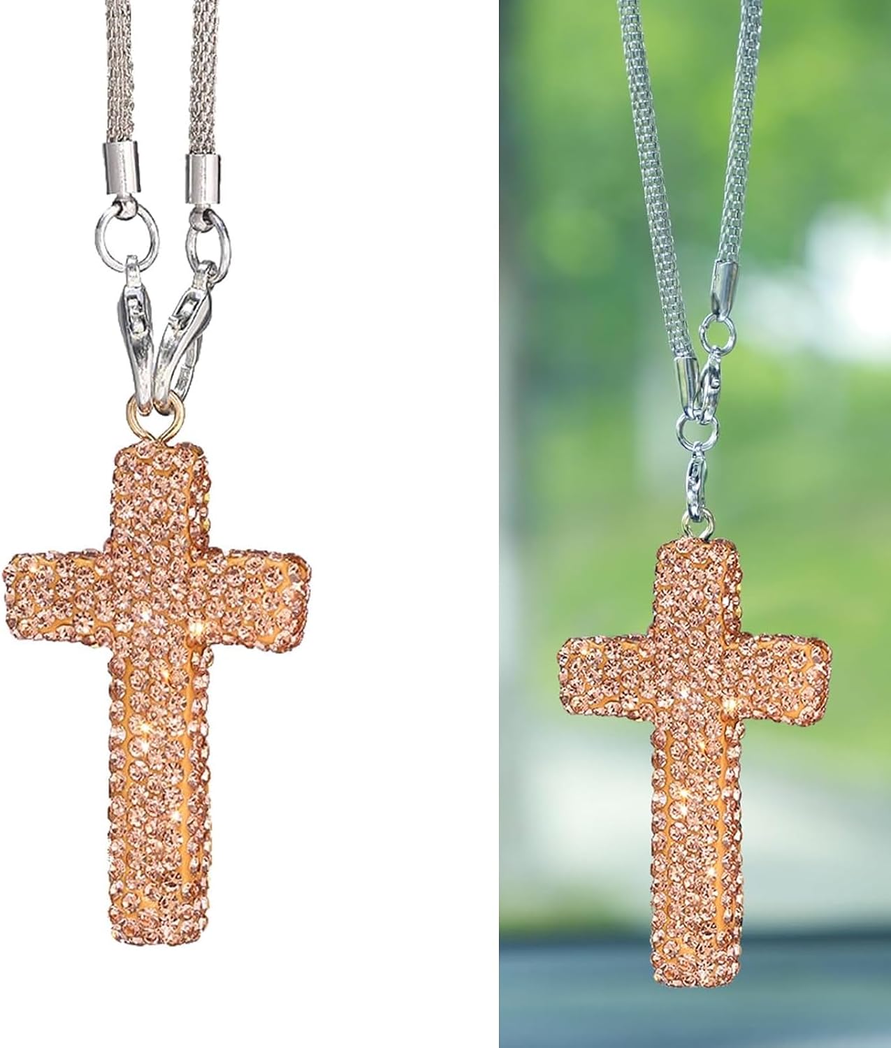 Adorno colgante para automóvil, colgante de fe con cruz brillante, diamantes de imitación incrustados a prueba de óxido, dije de decoración de espejo retrovisor estilo hip hop, accesorio