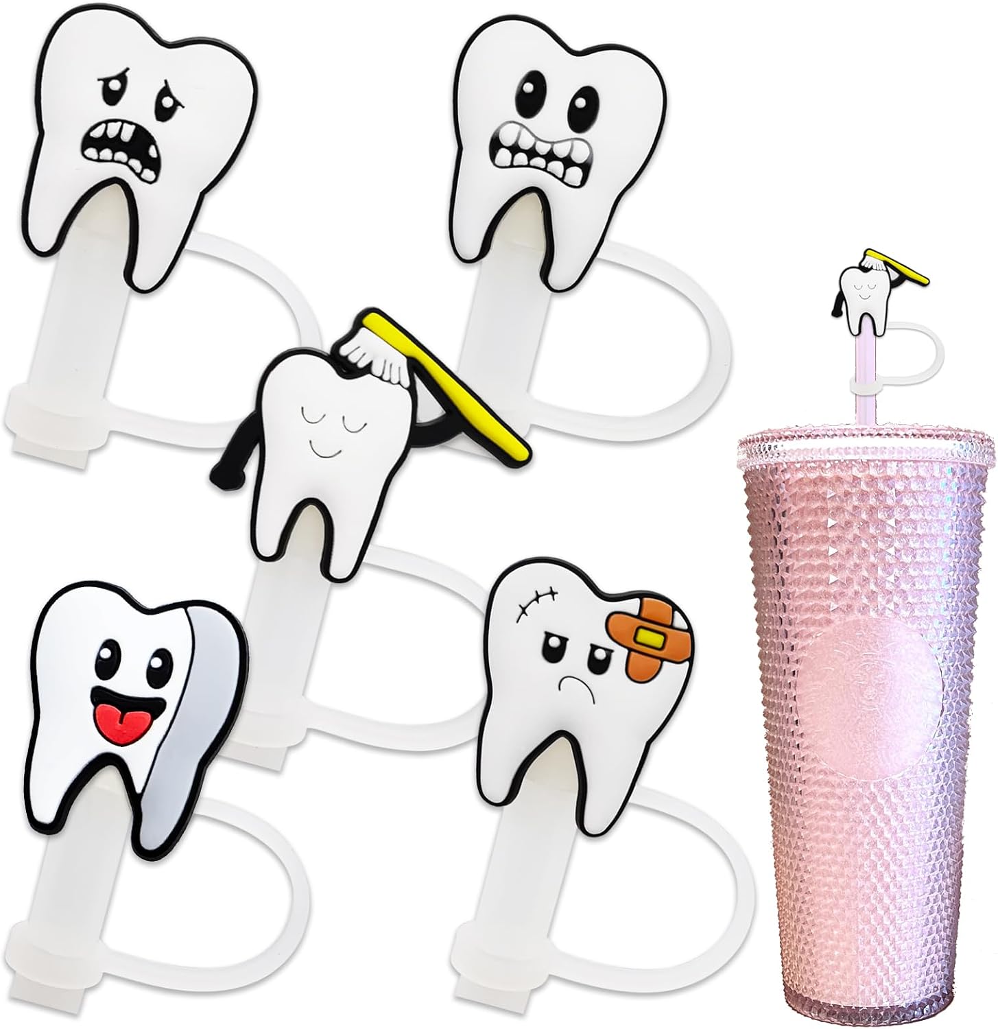5 fundas para popote de postre de dibujos animados, reutilizables, lindas fundas para vaso con 0.3 pulgadas de diámetro, puntas de popote a prueba de polvo