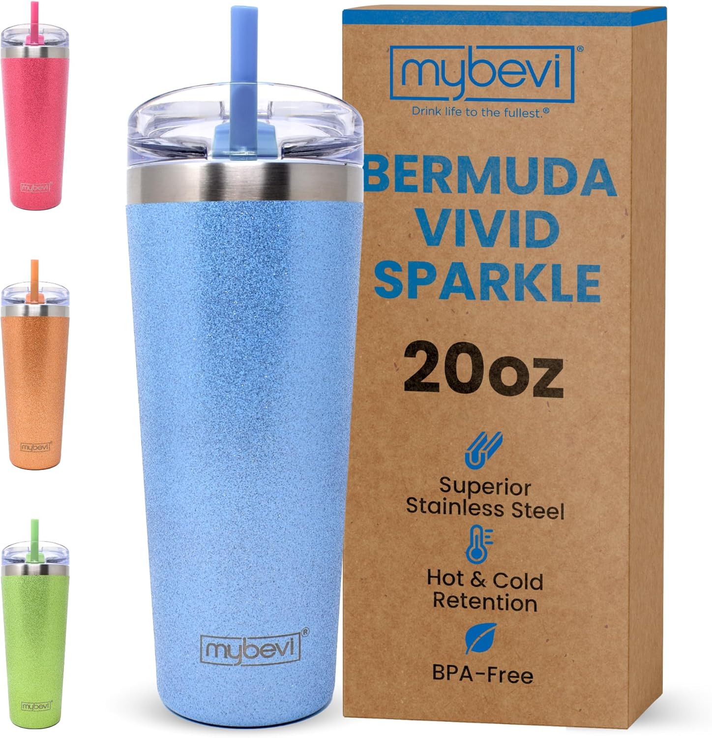 MyBevi Bermuda Vivid Sparkle - Vaso de acero inoxidable aislado con tapa, doble pared sellada al vacío, taza de viaje apta para soportes de automóvil, 20 onzas, verde menta