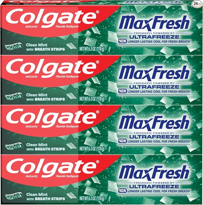 Colgate MaxFresh Clean - Paquete de pasta de dientes de menta fresca, con flúor y cientos de mini tiras de aliento, deja la boca con una sensación refrescante durante horas, paquete de 4, 6.3 onzas