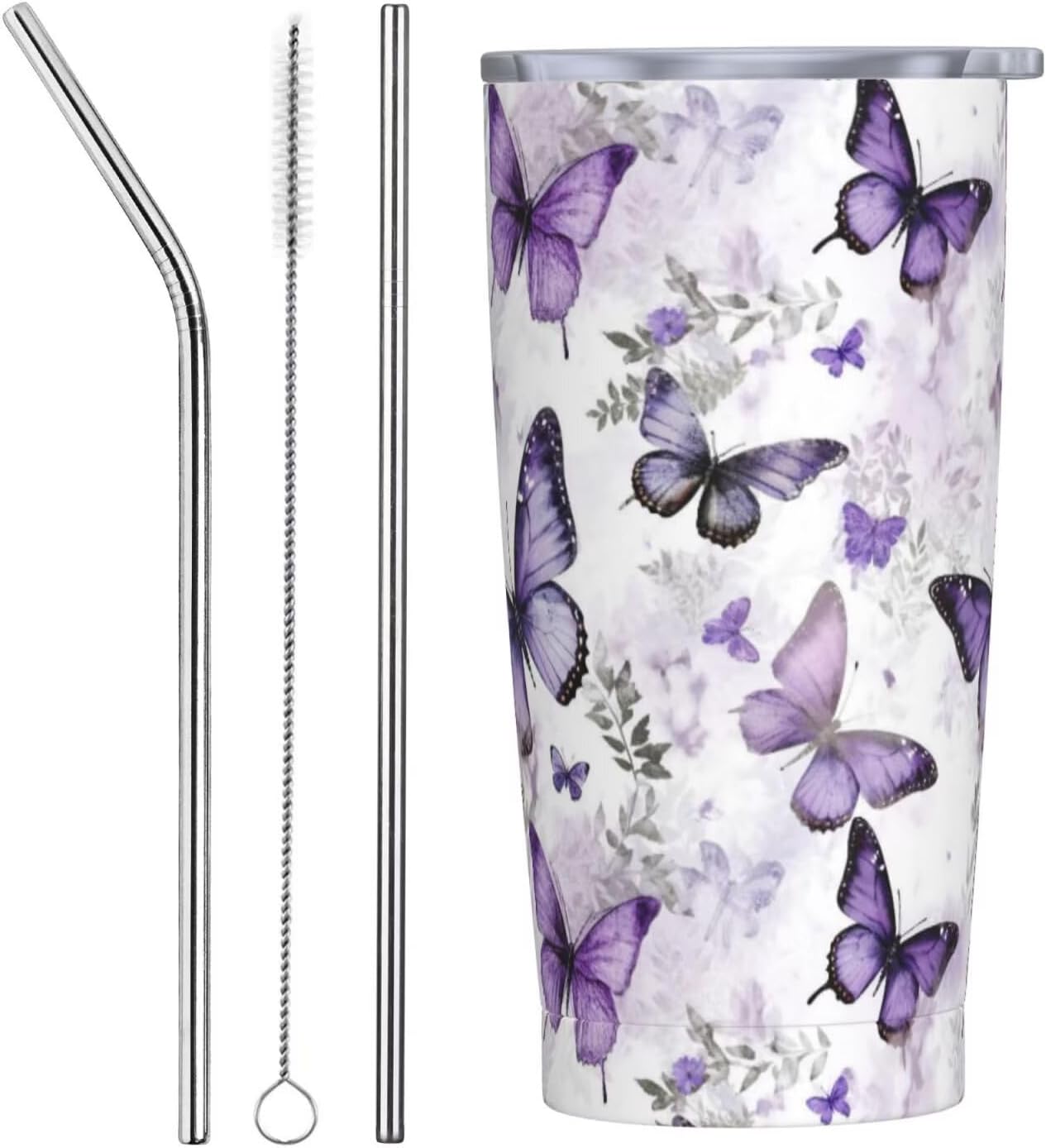 Vaso aislado de acero inoxidable de 20 onzas con tapa y pajilla, diseño vintage de mariposas florales, acuarela, taza de café, té, vino, botella de agua para mujeres y hombres