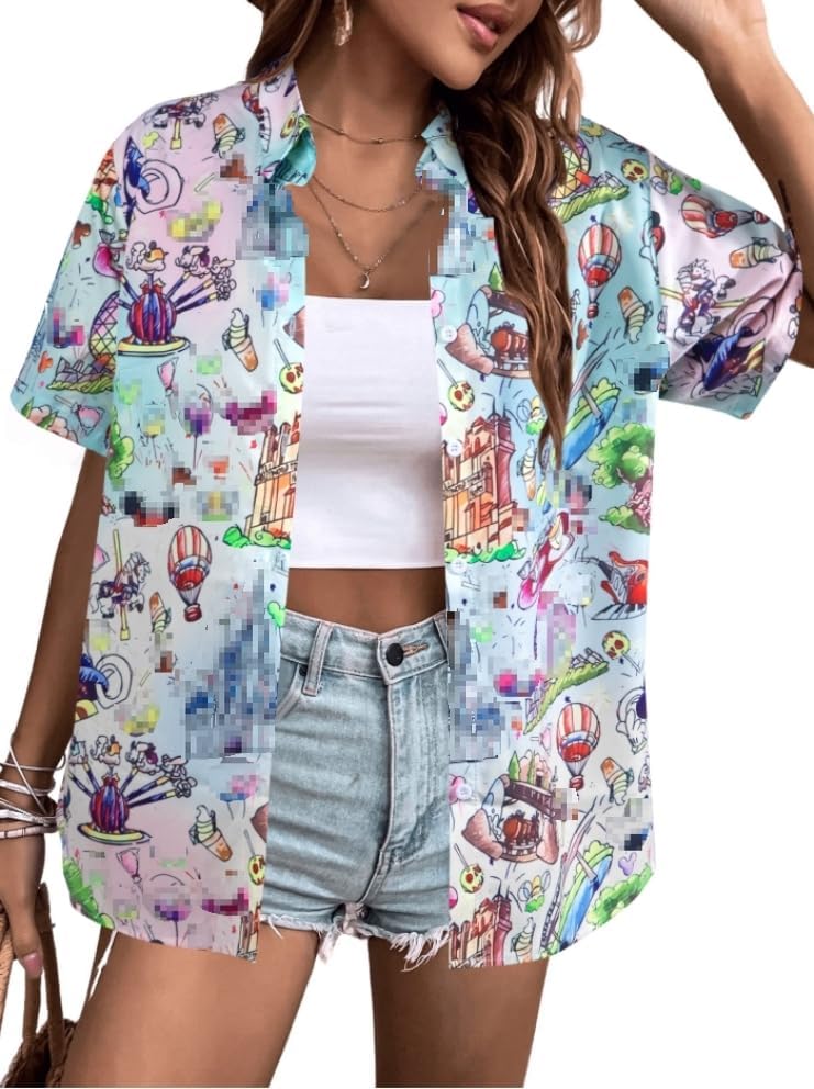 VILOVE Camisa mágica para mujer, camisas hawaianas mágicas de princesa, camiseta divertida con estampado de castillo, para vacaciones familiares, camisetas con botones