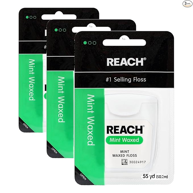 REACH Hilo dental encerado, menta, removedor de placa para dientes, resistente al desgarro, el hilo dental se desliza suavemente, fácil de usar, encerado, limpieza profunda de dientes, cuidado bucal