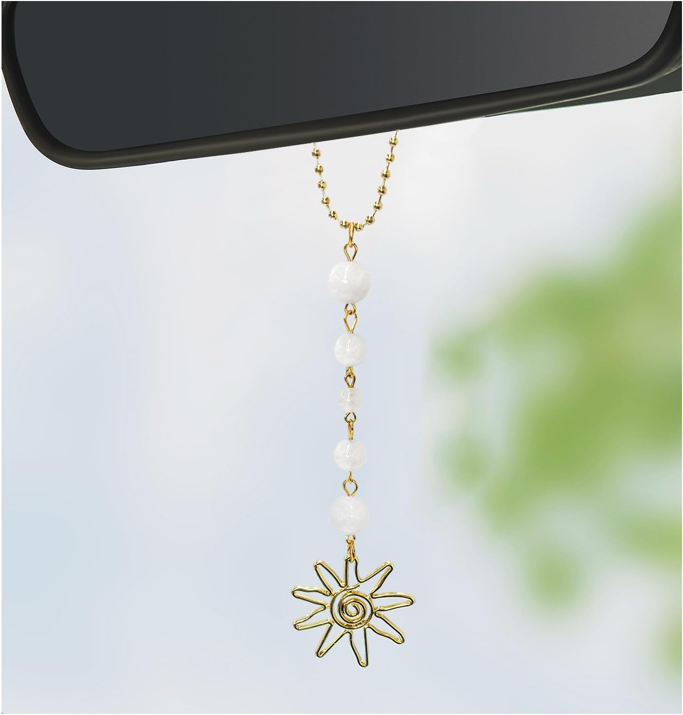Sun Hanging Car Charm, Cute Boho Dangling Auto Rear View Mirror Pendant Sun Decor, Handmade Vehicle Mirror Hanging Ornament with Healing Crystals Stones for Women Men (Green)