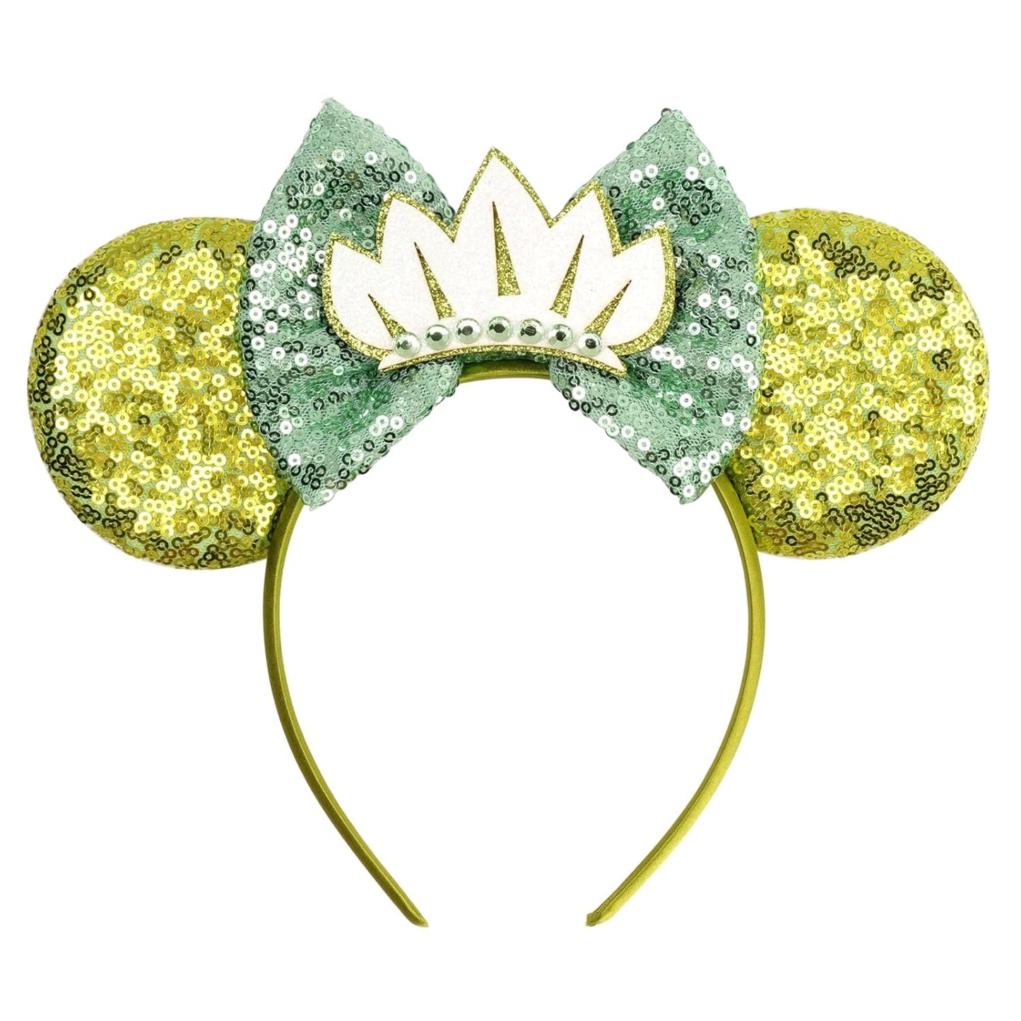 bianbaistar Diadema de orejas de ratón con lentejuelas verdes encantadas con corona de hojas, accesorio inspirado en princesas para parques temáticos y celebraciones reales