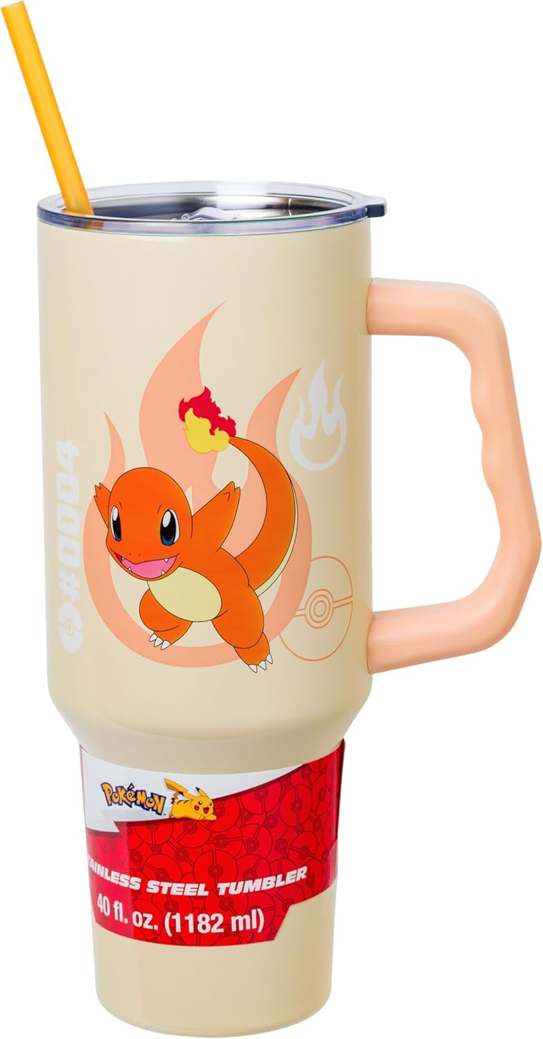 Silver Buffalo Disney Lilo and Stitch - Vaso de acero inoxidable de doble pared con asa y pajilla, diseño vintage, palmeras y flores, se adapta al portavasos estándar, 40 onzas