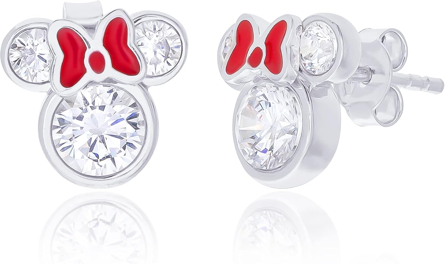 Disney Minnie Mouse Sterling Silver Cubic Zirconia Red Enamel Bow Stud Earrings