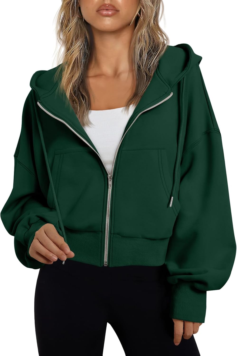 Trendy Queen Sudadera con capucha y cremallera para mujer, ligera, con hombros caídos, chaqueta atlética casual