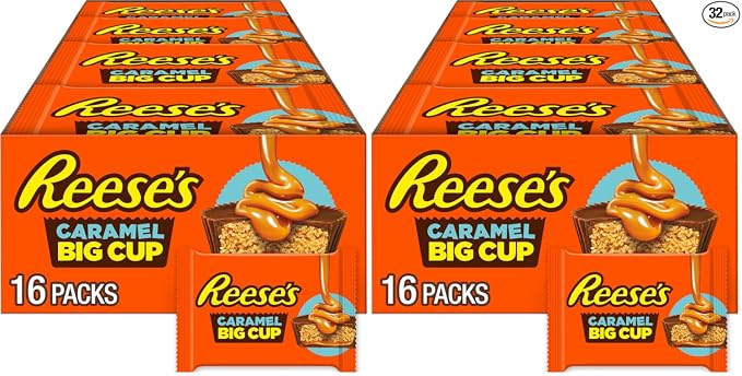 REESE'S Big Cup - Tazas de mantequilla de maní y chocolate con leche y caramelo, paquetes de dulces, 1.4 onzas (16 unidades)