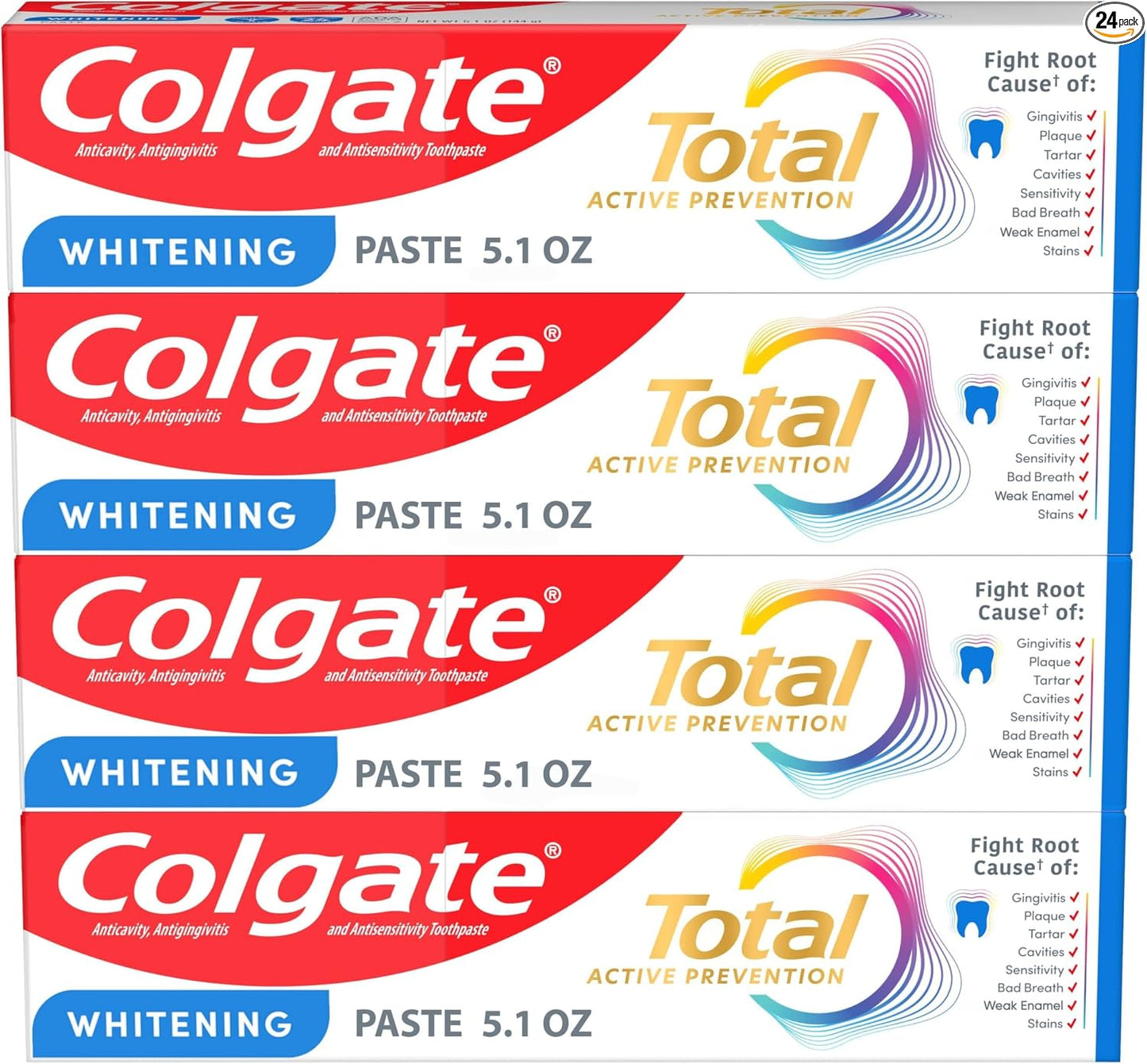 Colgate Total Whitening Pasta de dientes 5.1 oz, paquete de 4, fluoruro, antibacteriano, para placa, gingivitis, sensibilidad, eliminación de manchas, clínicamente probado, menta, blanqueamiento dental, fluoruro estannoso