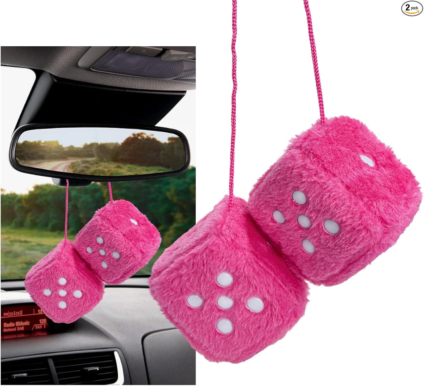 2 dados de felpa mullidos con puntos, decoración cuadrada retro de 3 pulgadas, lindo colgante de espejo retrovisor, dados de felpa suave, adorno clásico para colgar en interiores de automóvil