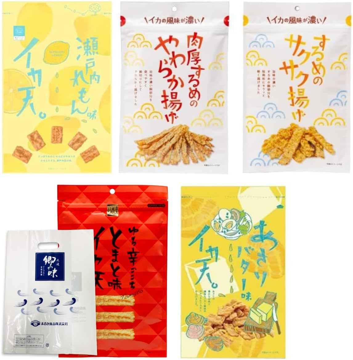 【Maruka Foods Official Online Store】Ika Ten Nori Ten 5-Variety Tasting Set: Ika Ten Seto Inland Sea Lemon Flavor/Asari Butter Flavor Squid Ten/Sudachi Nori Ten/Cheese Nori Ten/Seto Inland Sea Olive