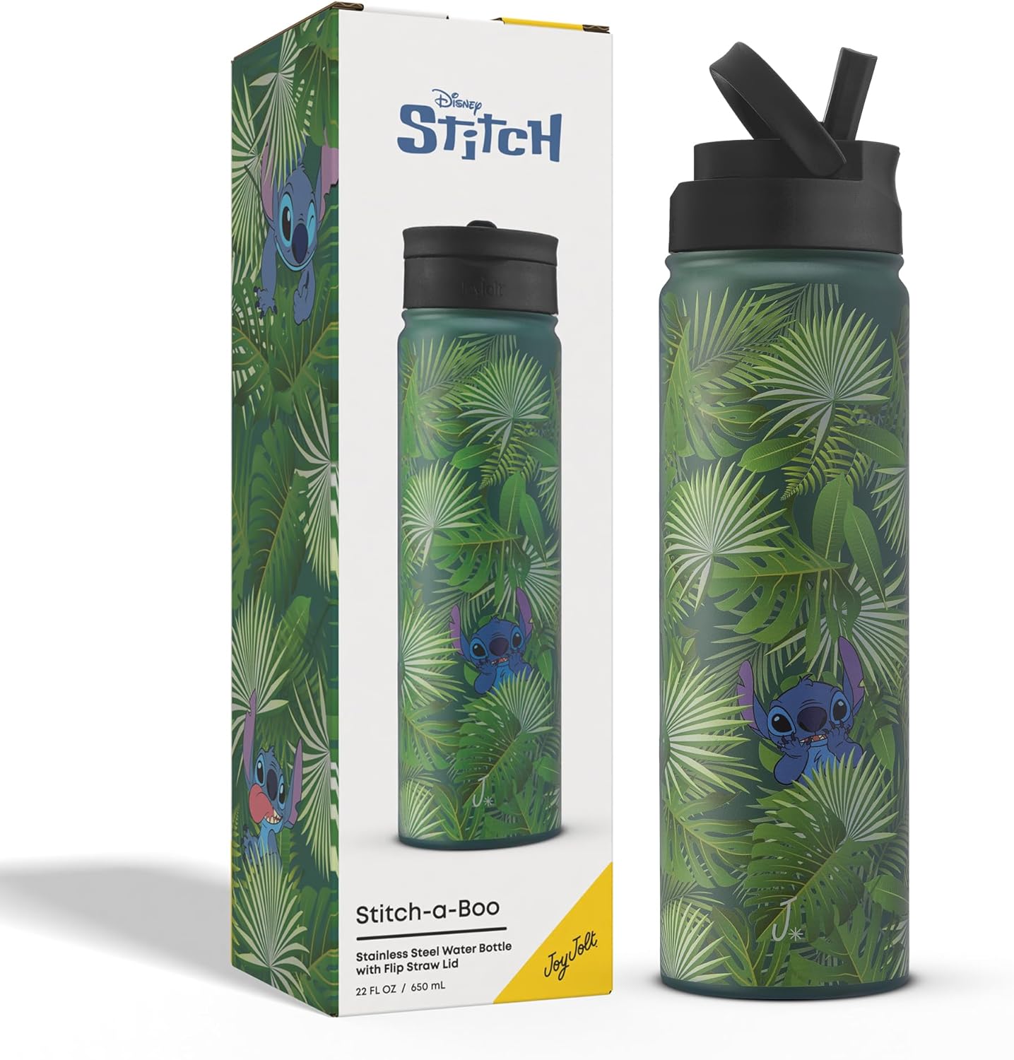 JoyJolt Disney Stitch Surf's Up - Botella de agua de acero inoxidable con tapa abatible, botella de agua aislada al vacío de 22 onzas, vaso sin BPA para escuela, gimnasio, deportes y viajes, regalos