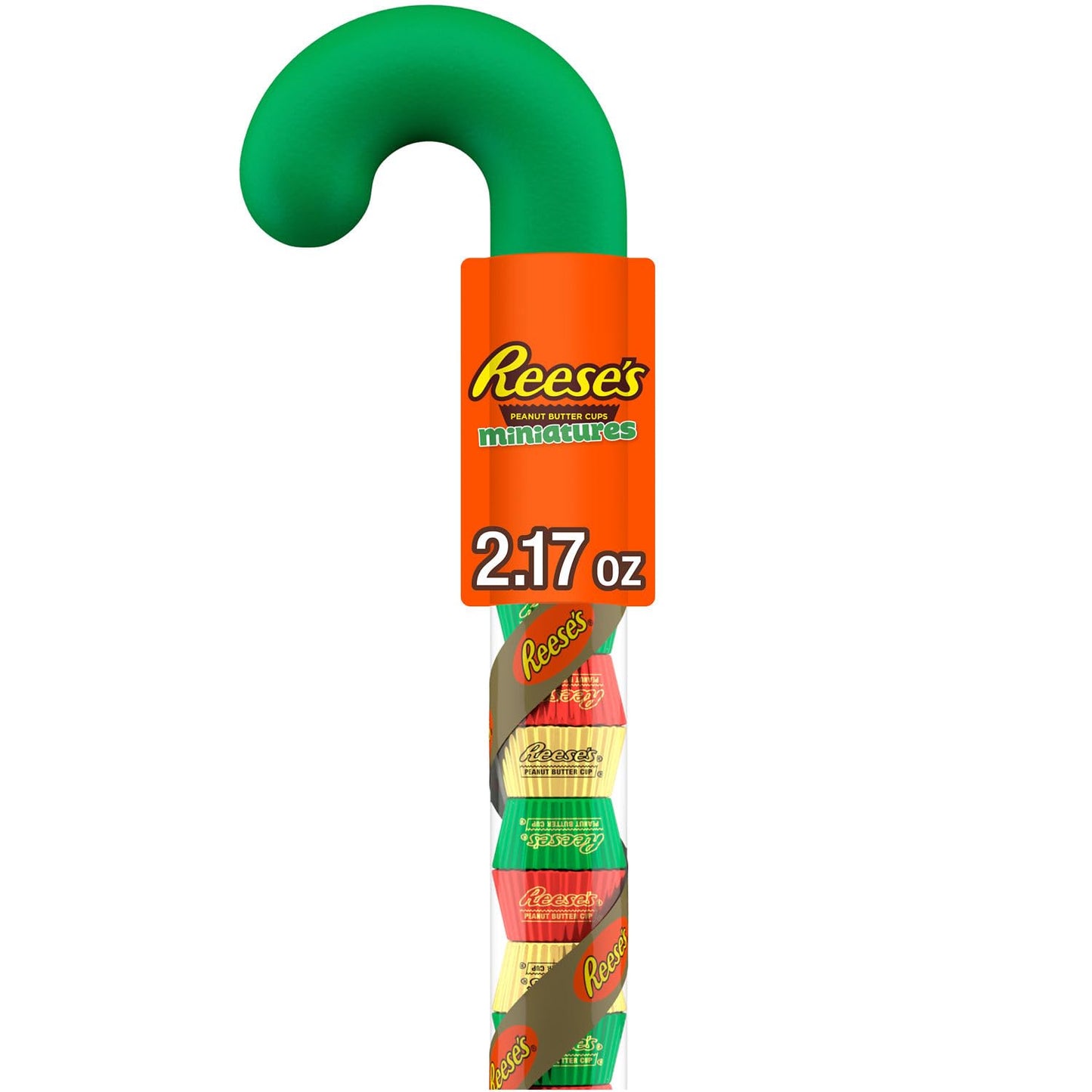 REESE'S Miniatures - Tazas de chocolate con leche y mantequilla de maní, bastón de plástico de caramelo de Navidad, 2.17 onzas