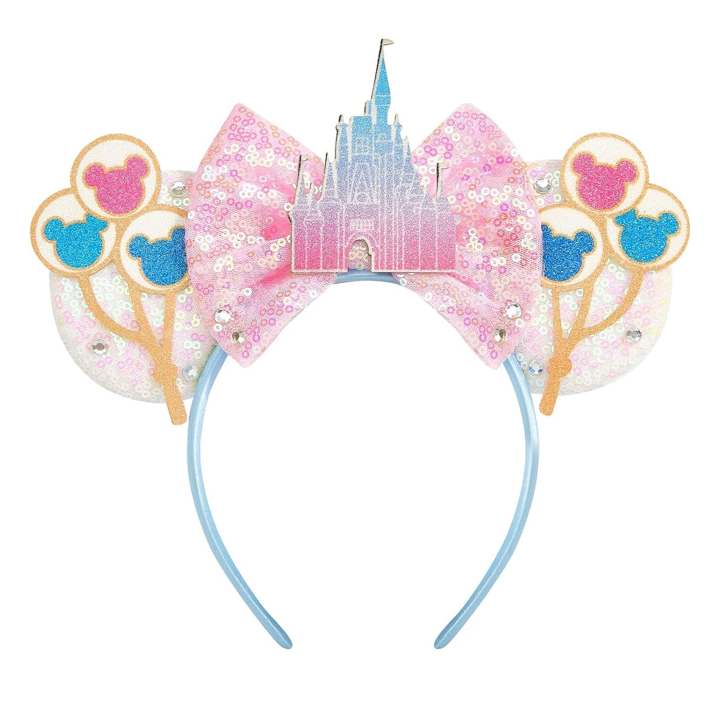 LYLIN Diadema con orejas de ratón, orejas de ratón azules con lazos de castillo para mujeres y niñas, accesorios para el cabello, orejas de parque, viajes, fiesta, cosplay, accesorios