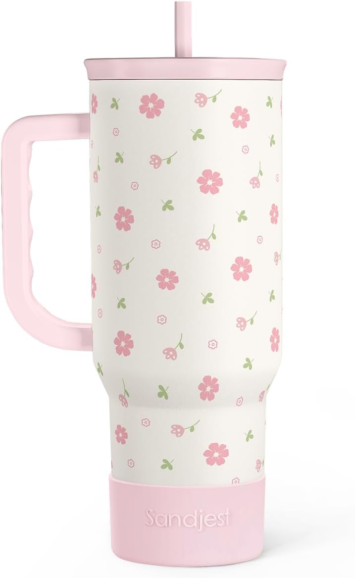 SANDJEST Vaso de 40 onzas con asa y pajilla, taza de café de viaje de acero inoxidable aislado para mujeres, niñas, amantes de la playa, idea de regalo para cumpleaños, Navidad, día de la madre, vacaciones de verano (color)