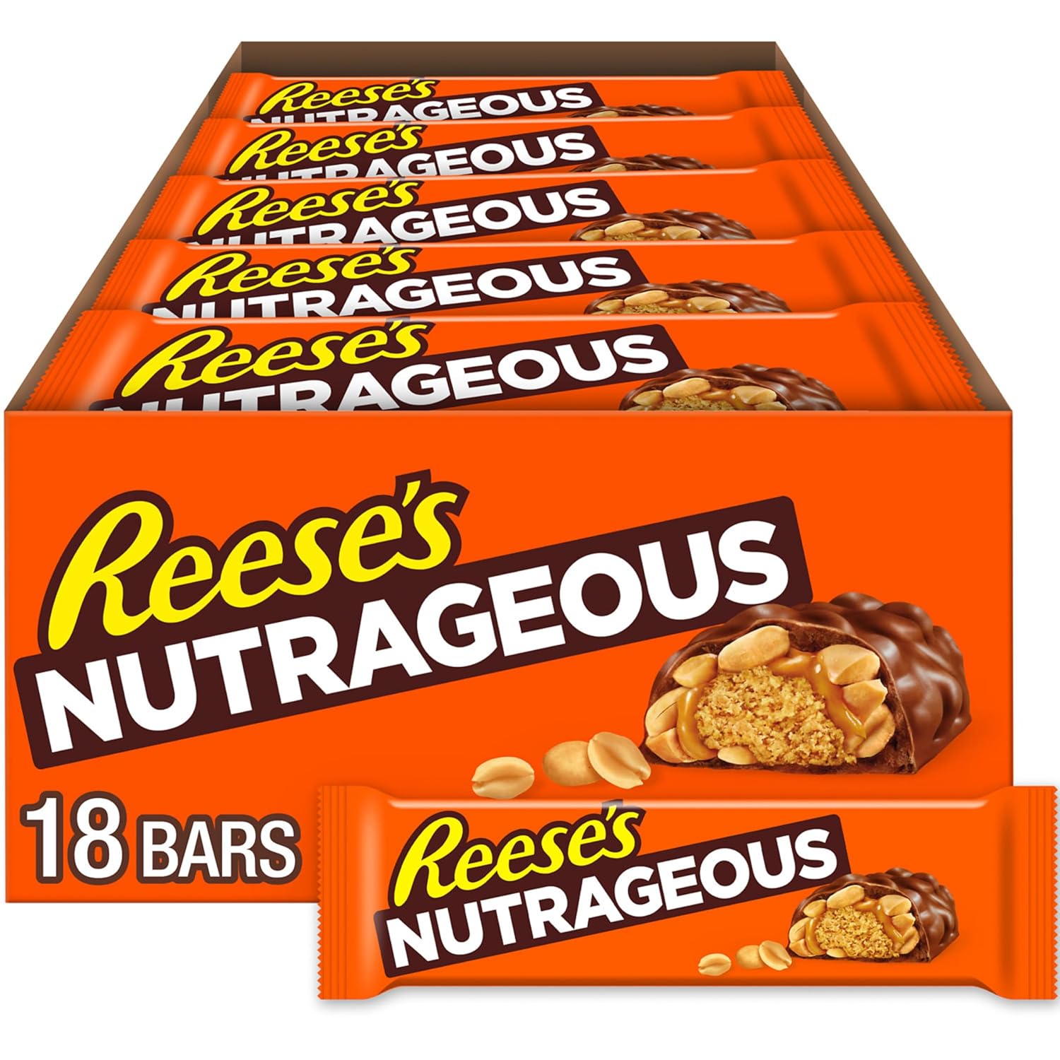Barritas de caramelo de chocolate, mantequilla de maní, caramelo y maní REESE'S NUTRAGEOUS, 1.66 onzas (paquete de 18)