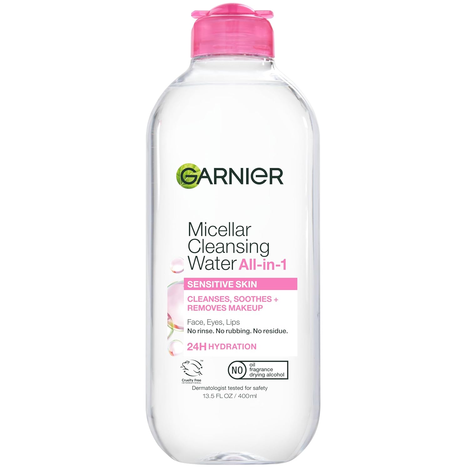 Agua micelar Garnier, limpiador facial hidratante y desmaquillante, adecuada para pieles sensibles, vegana, sin crueldad animal, 13.5 fl oz (400mL), 1 unidad