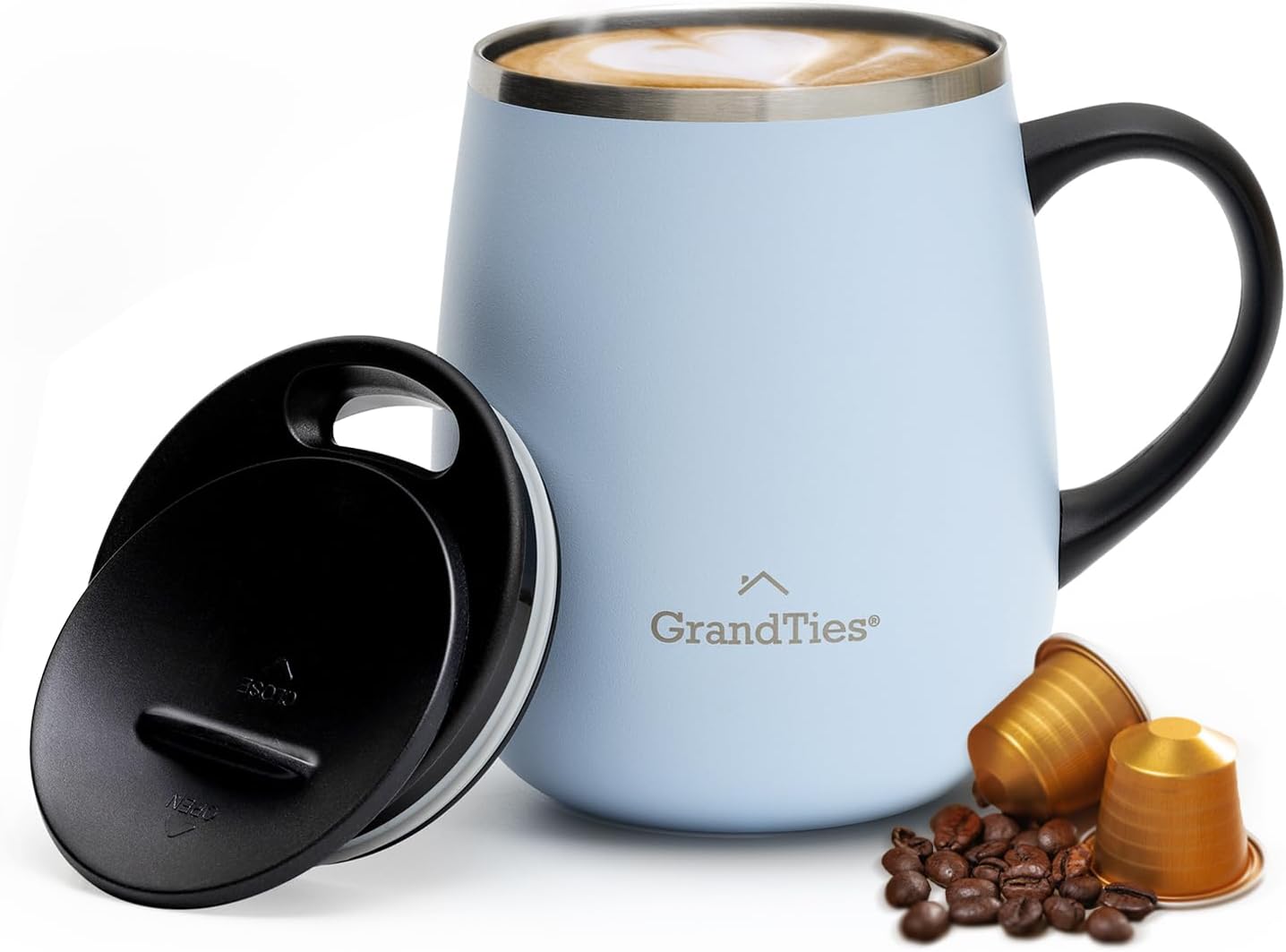 GRANDTIES 19 Colors Premium Vacuum Insulated Mug, 16.2 fl oz (460 ml), Mug with Easy Open Slide Lid, Stainless Steel, Double Wall Vacuum Insulation, Hot & Cold Protection, Popular in Office (Atlantis