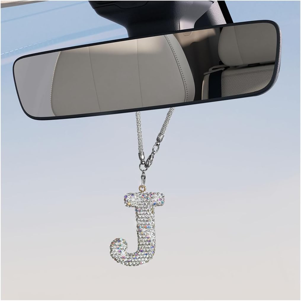 Adorno Inicial Brillante para Espejo Retrovisor de Automóvil, Bonito Colgante de Letra de Cristal, Colgador de Retrovisor de la Suerte, Accesorios para Colgar Espejo Automotriz, Decoración