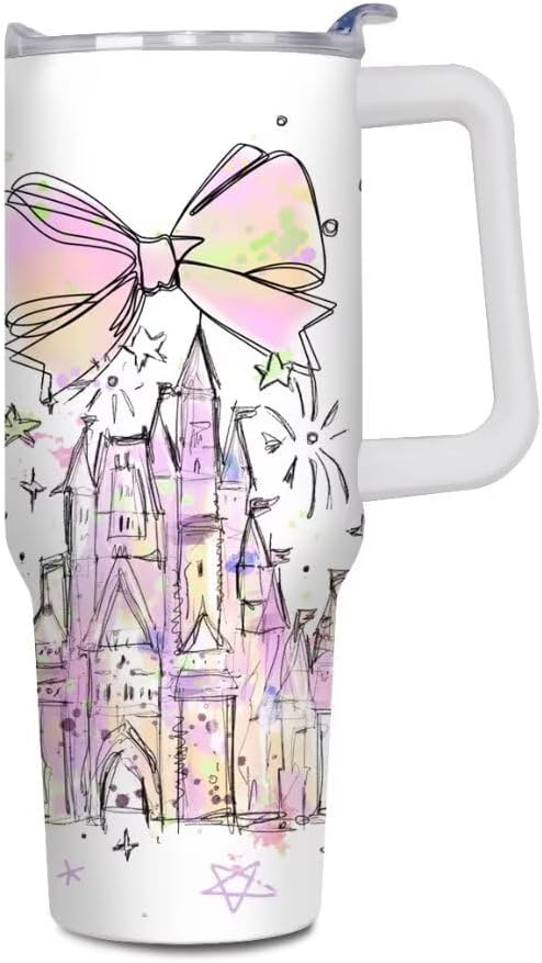 Castle - Vaso de 40 onzas con tapas y pajitas, vaso aislado de acero inoxidable, taza de viaje con fuegos artificiales, regalos para mujeres