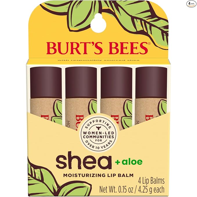 Burt's Bees Bálsamo labial, cuidado de labios hidratante, 100% de origen natural, ultra acondicionador con karité, cacao y manteca de kokum, 0.15 onzas, cuatro tubos