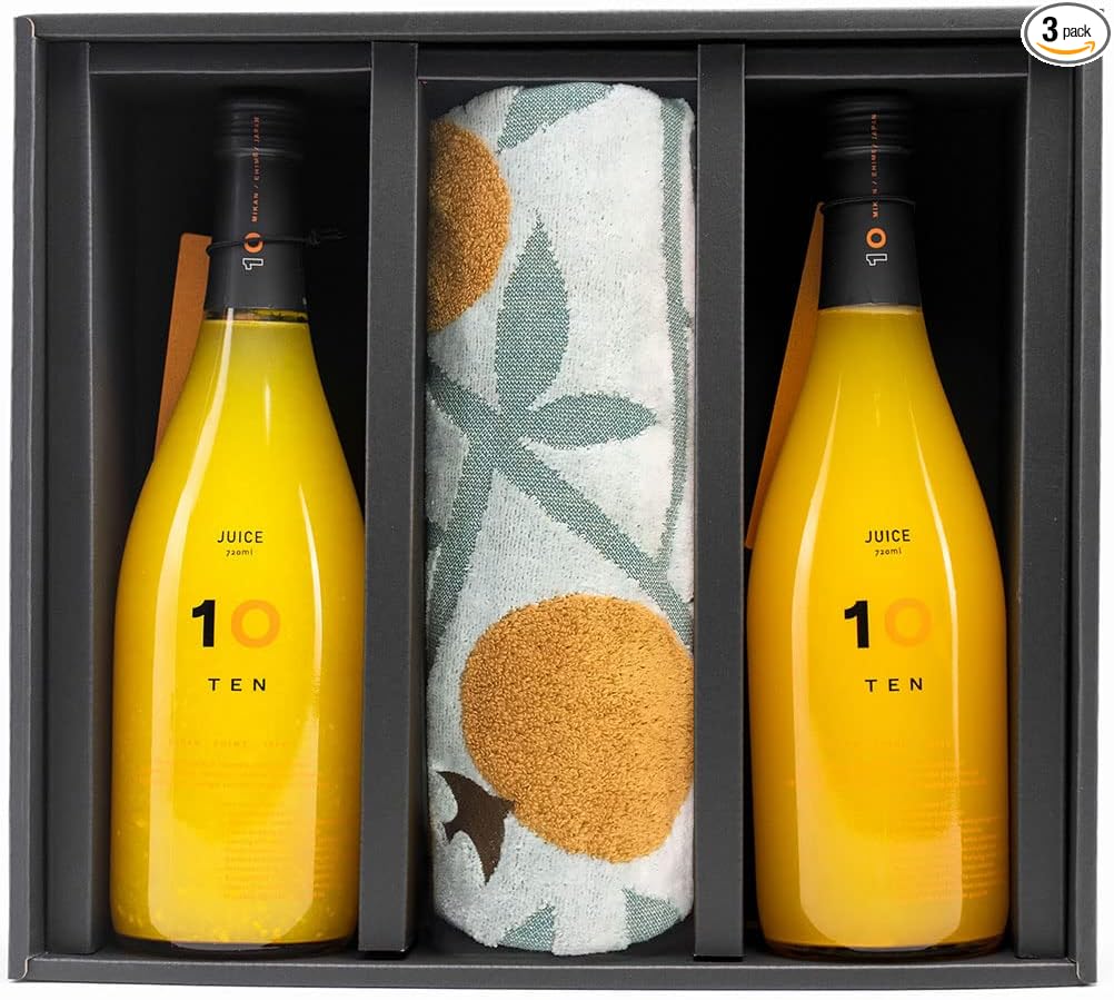 10FACTORY Gift Ehime Mandarin Orange Juice, Imabari Towel, Iori Mikan Set, Boxed, Handbag Included, High Quality, Additive-Free, Made in Japan (Handkerchief + 6.8 fl oz (200 ml) x 3)