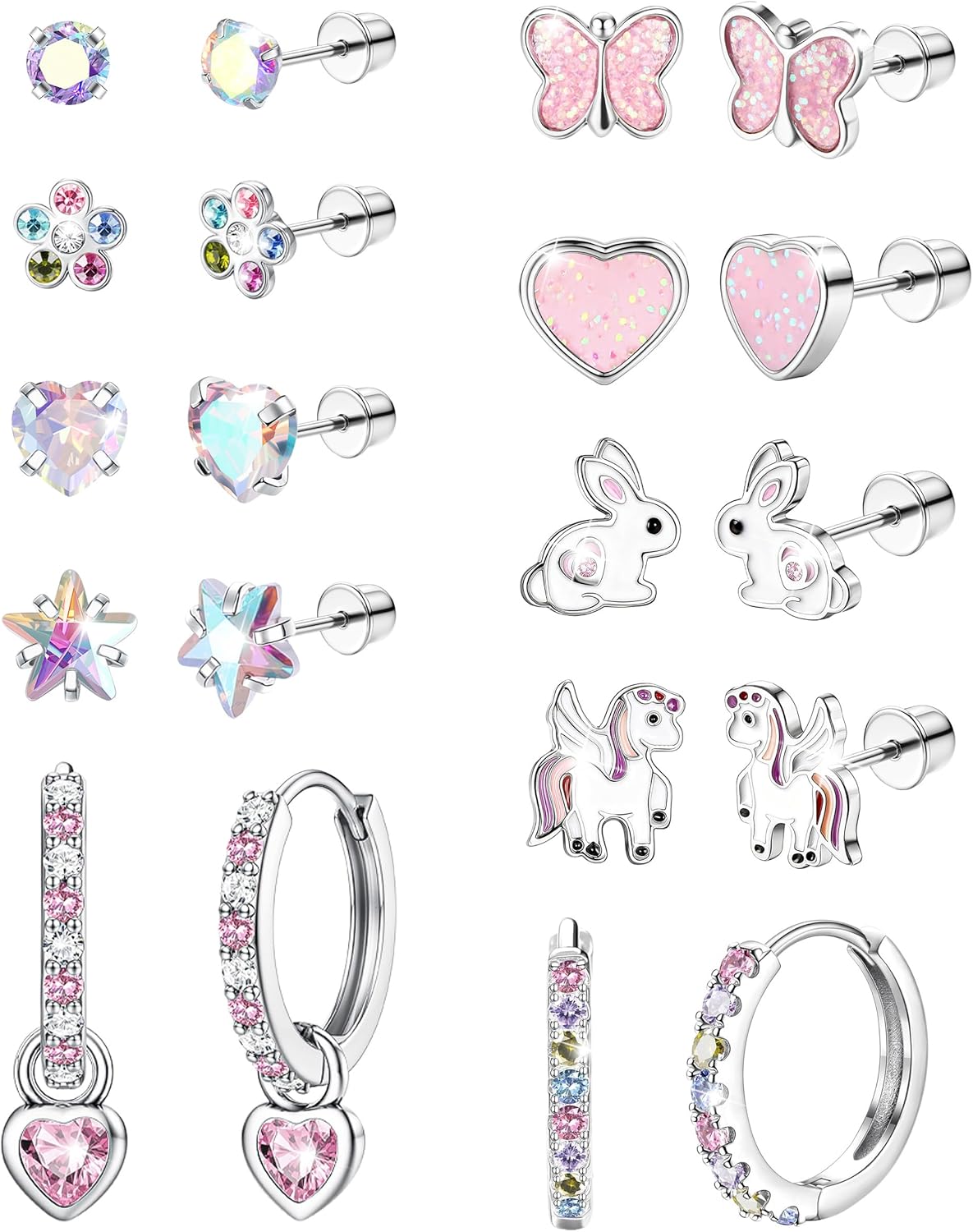 CASSIECA 10/12 Pairs Stainless Steel Earrings for Women Girl Earrings Set Screw Clasp Hypoallergenic Hoop Earrings Zircon Heart Flower Butterfly