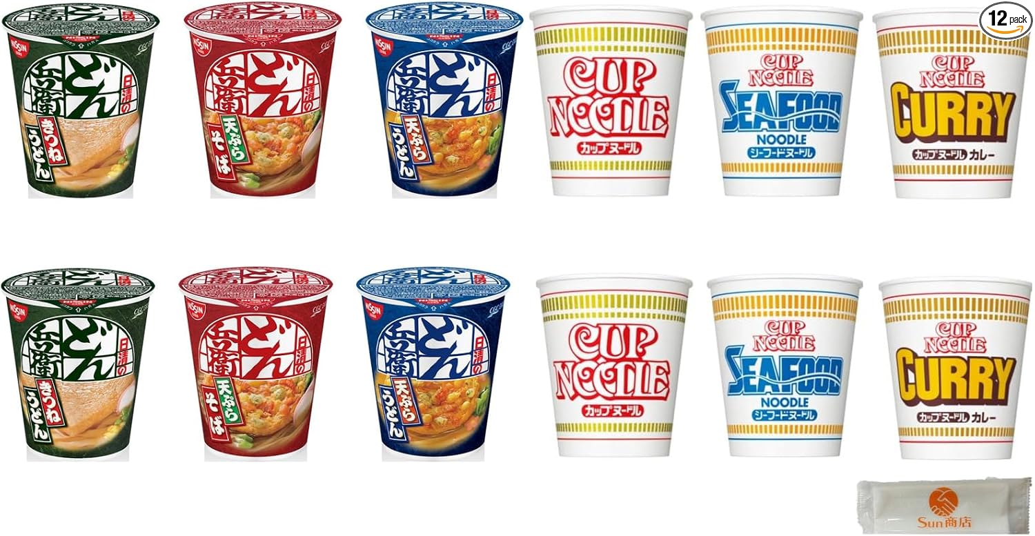Popular Cup Ramen 12 Varieties Nissin Donbei Cup Noodles Meisei Ippeichan 12-Piece Assortment Set with Wipes Included
