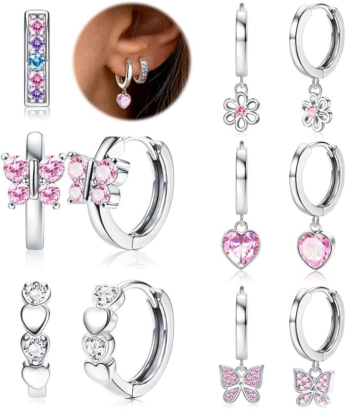 JeweBella 6 Paires Boucles d'oreilles Femme Creoles Acier Chirurgical Boucle d'oreille Pendante Cœur Étoile Hypoallergénique Boucles d'oreilles Enfants Fille pour Piercing Oreille Cartilage
