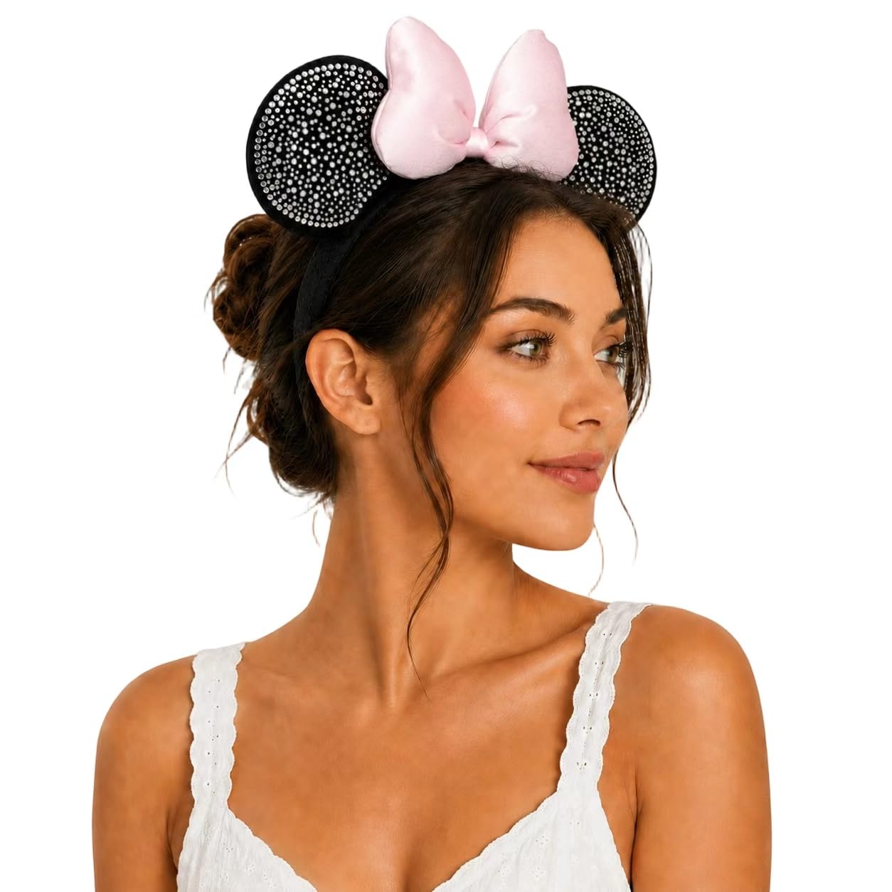 Diadema de terciopelo 3D con orejas de ratón con cuentas de perlas, lazo rojo con lentejuelas, diadema de fiesta en el parque para mujeres y niñas