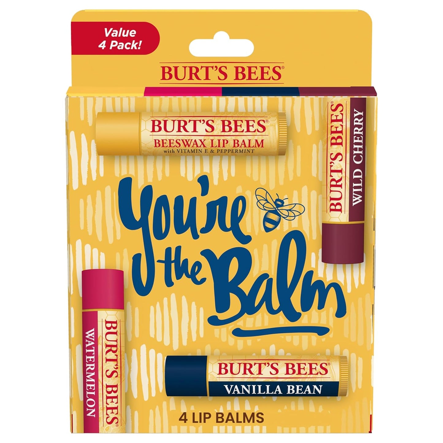 Burt's Bees Gifts Ideas - Juego de bálsamo labial para fiesta de jardín, vainilla lavanda, melocotón dulce, manzana verde, miel de flores silvestres, con cera de abejas de origen responsable, tratamiento labial de origen natural, 0.15 onzas, cuatro tubos