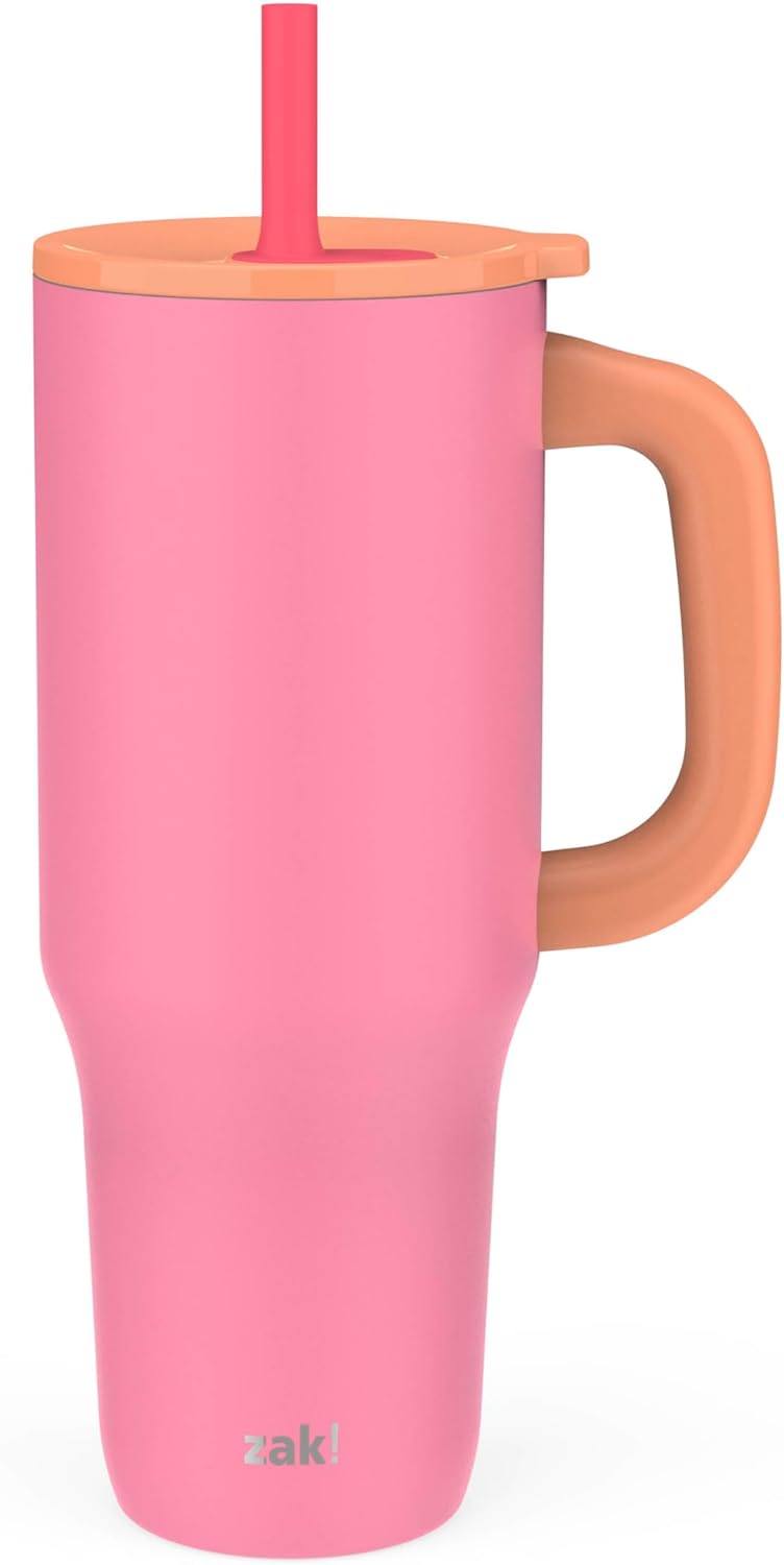 Zak Designs Disney Sutton - Vaso de viaje para llevar o en casa, acero inoxidable de 40 onzas con aislamiento al vacío, popote de silicona, asa de transporte y obras de arte 3D para bebidas frías (Minnie Mouse)