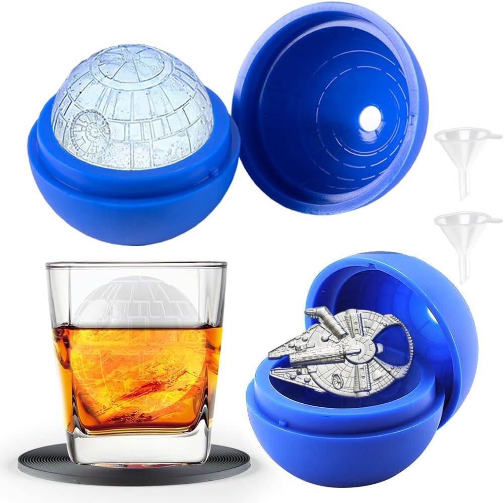 Star Wars - Molde para cubitos de hielo de estrella de la muerte, molde redondo para cubitos de hielo para whisky, bourbon, cócteles (2 paquetes+abridor de botellas de halcón milenario+posavasos +