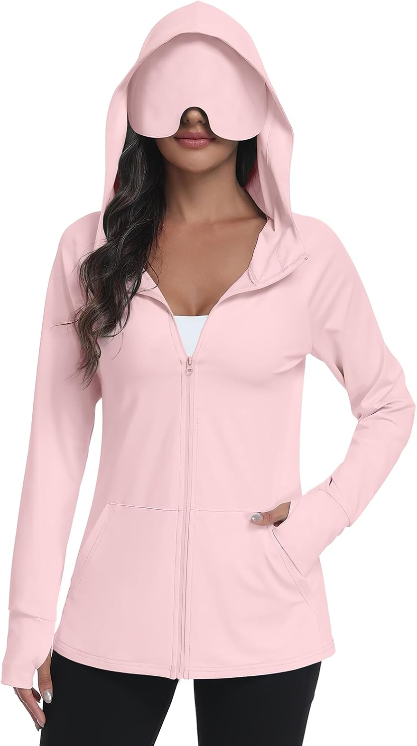 SeSe Code Sudadera con capucha UPF 50+ con máscara de ojos para mujer, chaquetas de viaje con cremallera para dormir, protección solar, bolsillos para siesta al aire libre