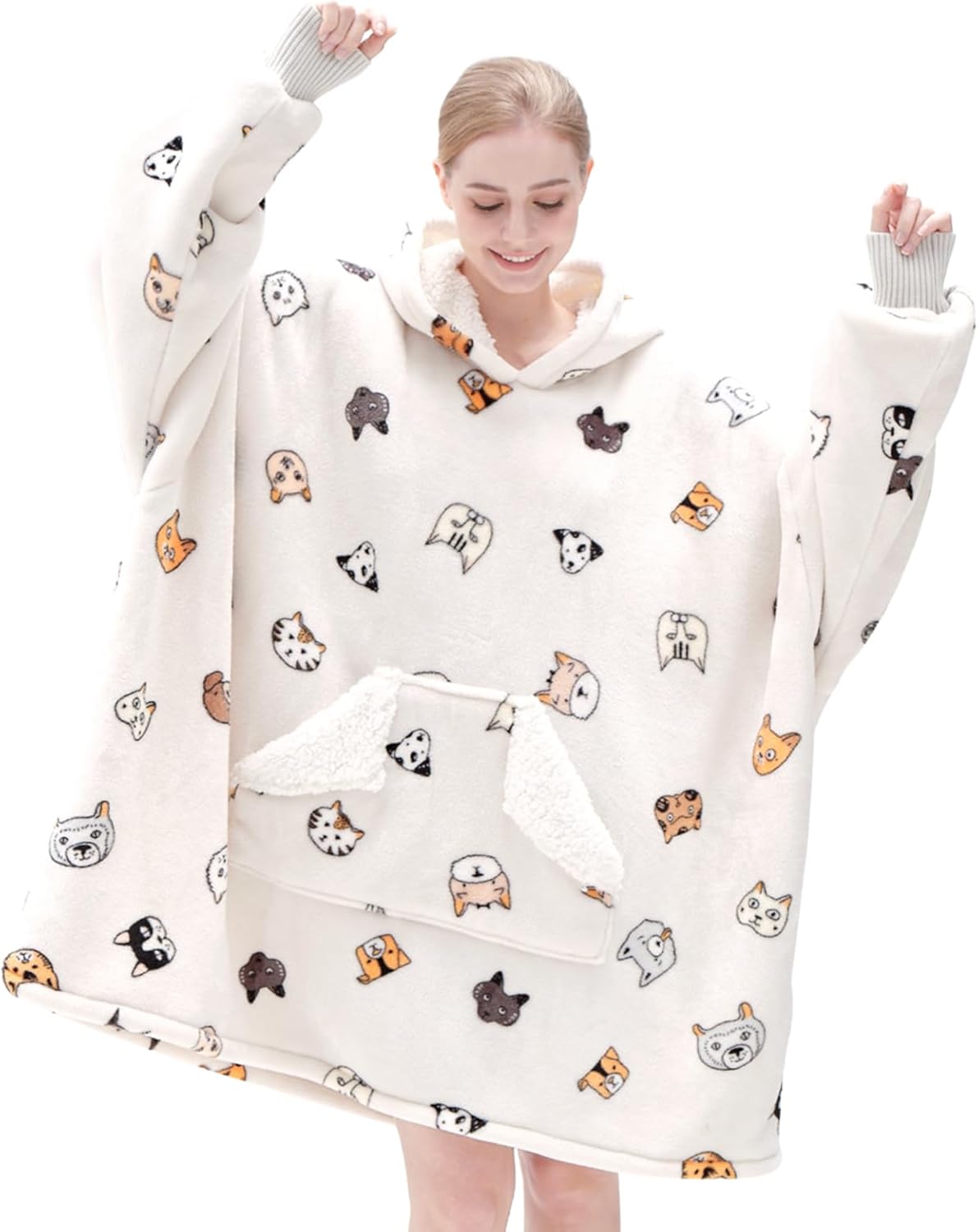 Touchat - Manta con capucha portátil, sudadera con capucha de forro polar sherpa de gran tamaño con bolsillo gigante y mangas para adulto, regalo de manta gris cálida y acogedora para mujeres