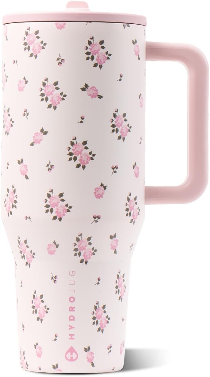 HydroJug Traveler - Botella de agua 32 oz con asa y pajilla abatible, apto para soporte para vasos, resistente a fugas, reutilizable, aislado, acero inoxidable y base de goma, unisex, rosado arena