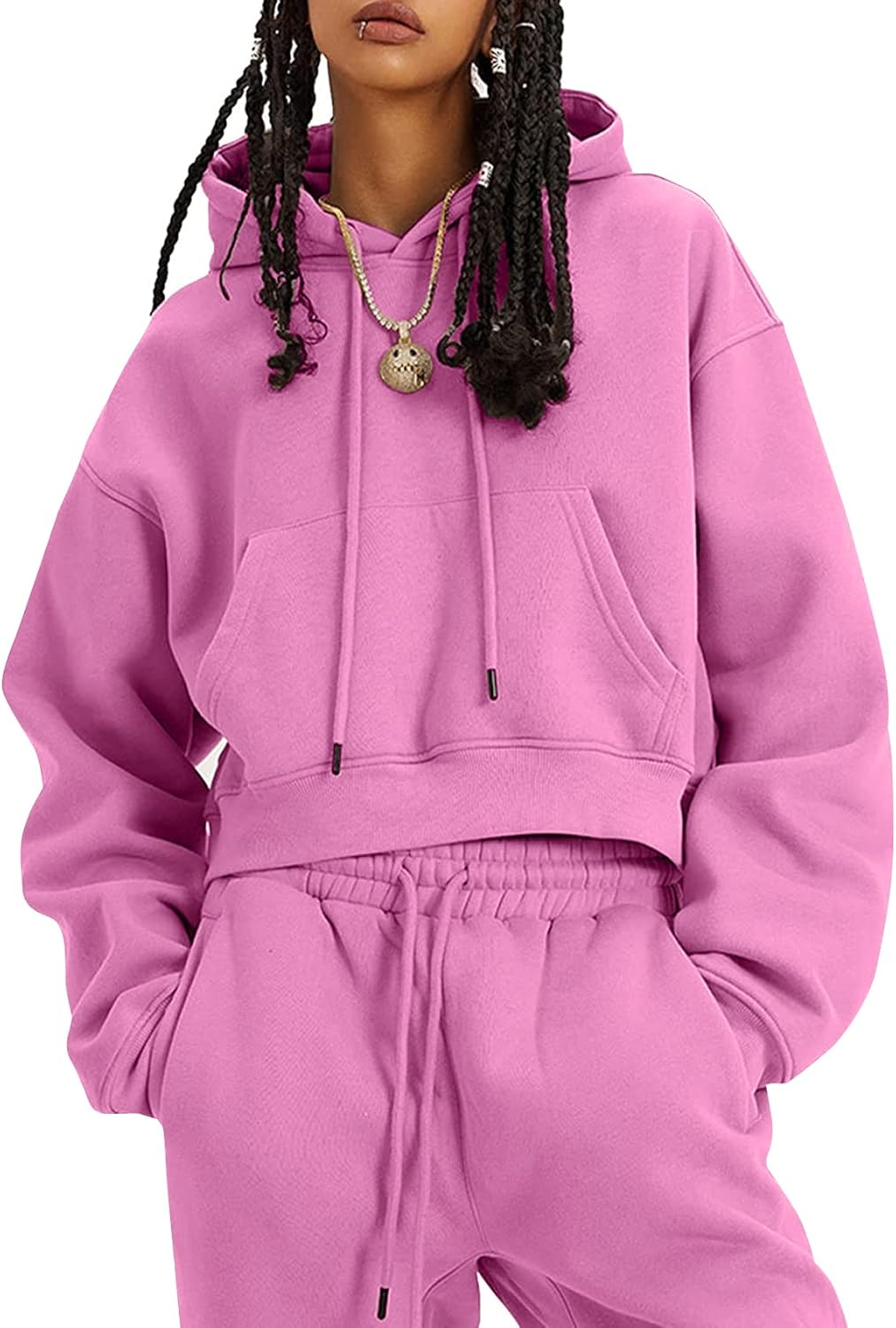 Flygo Conjunto deportivo de 2 piezas de forro polar para mujer, sudadera corta, sudadera y pantalones deportivos