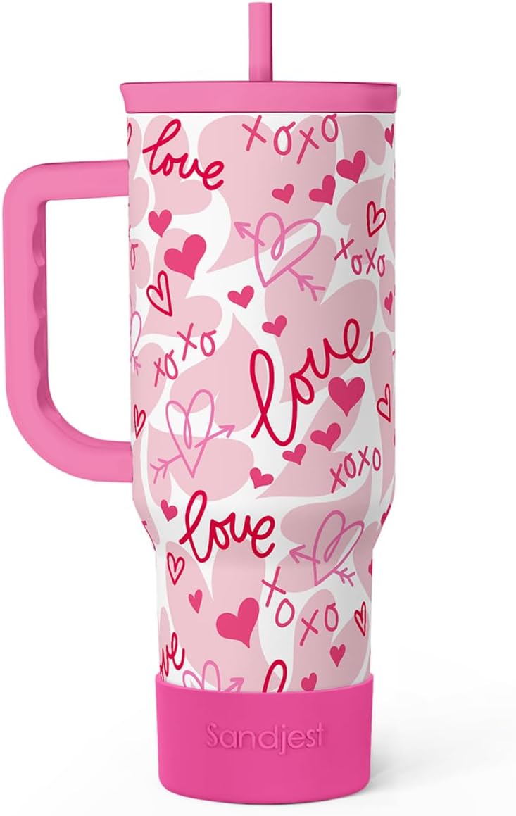 SANDJEST Vaso de 40 onzas con asa y pajilla, taza de café de viaje de acero inoxidable aislado para mujeres, niñas, amantes de la playa, idea de regalo para cumpleaños, Navidad, día de la madre, vacaciones de verano (color)