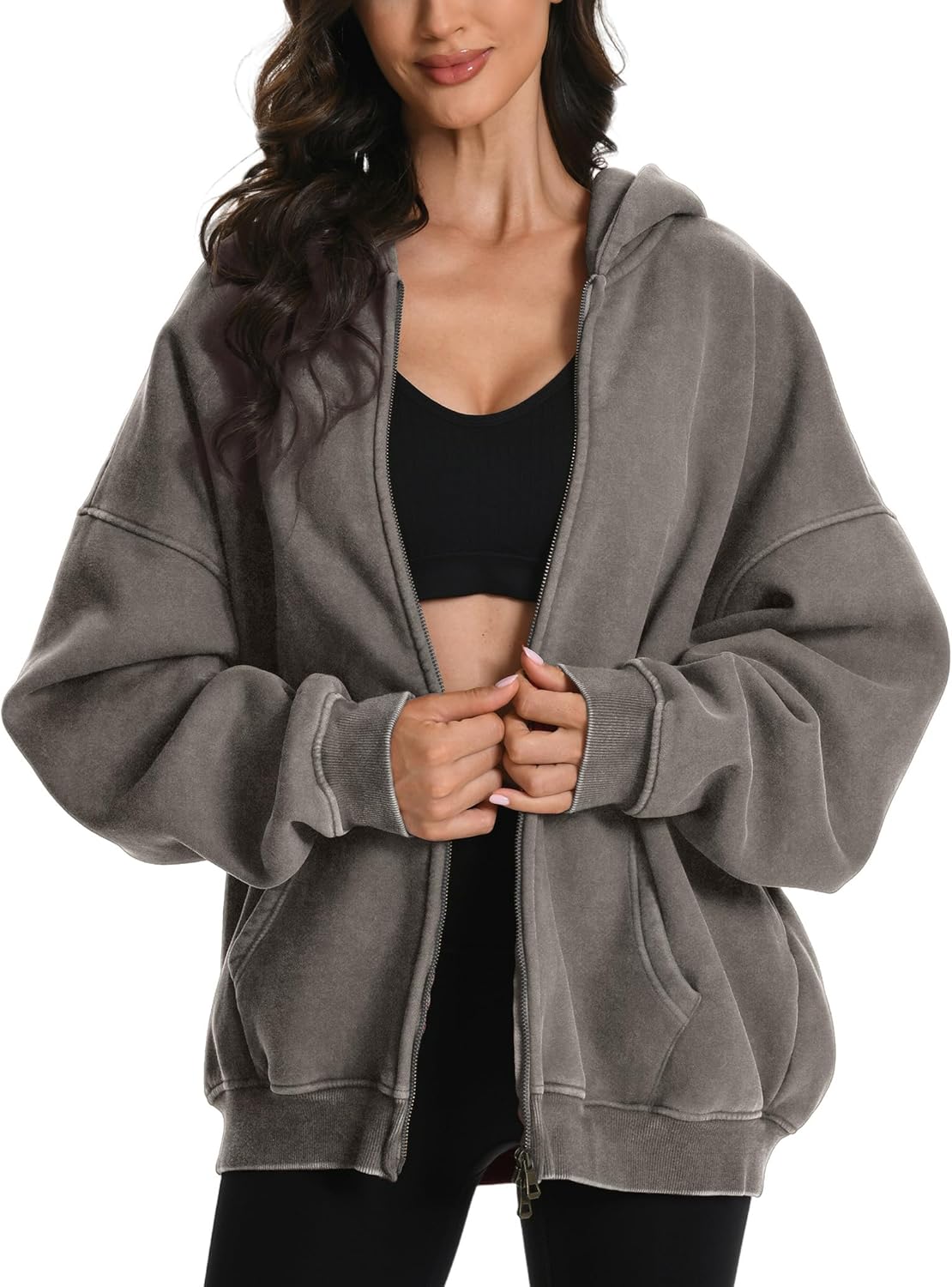 FAIABLE Sudadera con capucha y cremallera para hombre y mujer, de gran tamaño, con lavado ácido, pesada, de algodón, forro polar, con cremallera, estilo vintage