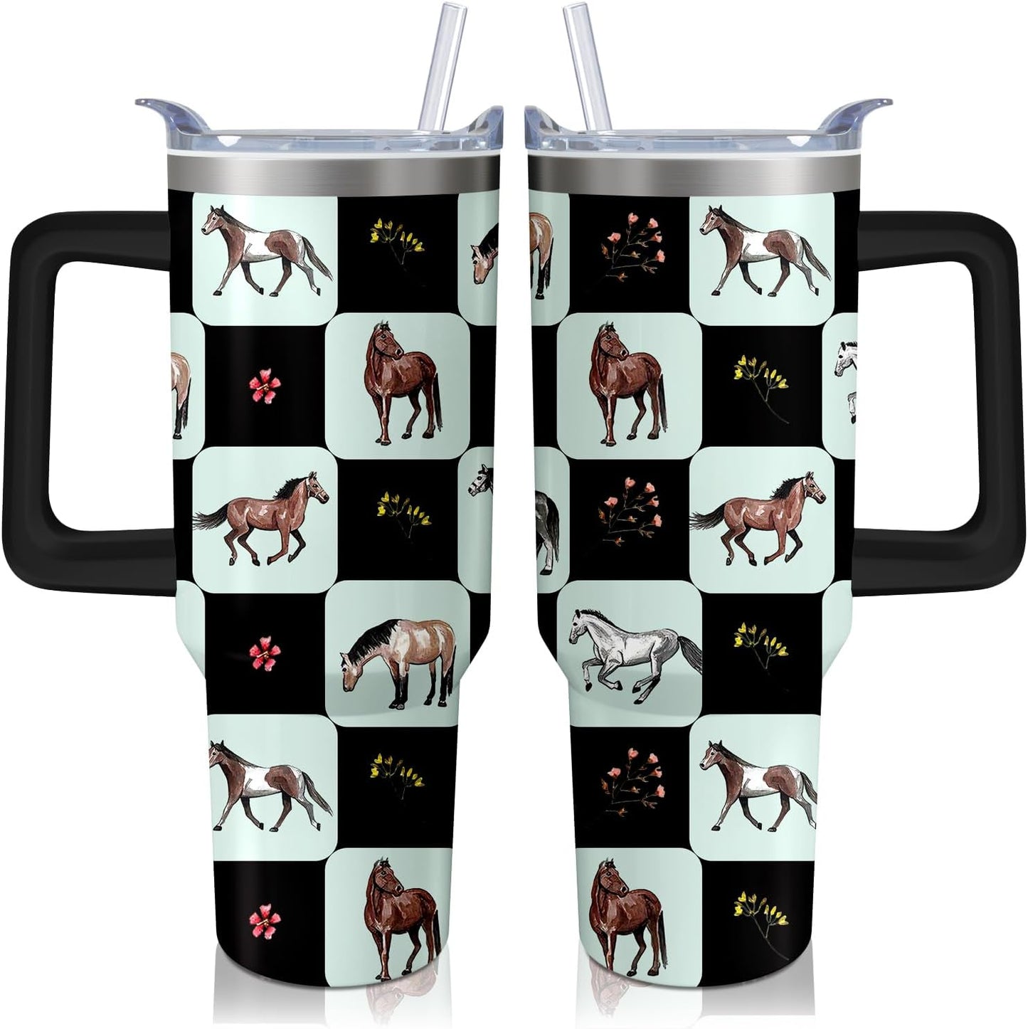 Vaso de rana de 40 onzas con asa y pajilla, taza aislada de acero inoxidable a cuadros búfalo con tapa, taza de café de viaje, botella de agua, regalos de cumpleaños para el día de la madre
