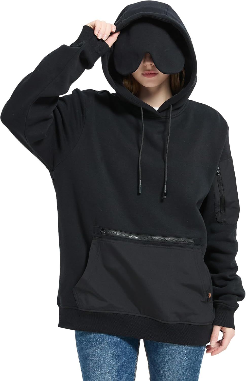 Sudadera con capucha de viaje con máscara de ojos integrada para viajes en avión, transpirable, cómoda, sin botones, múltiples bolsillos