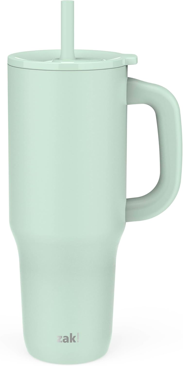 Zak Designs Disney Sutton - Vaso de viaje para llevar o en casa, acero inoxidable de 40 onzas con aislamiento al vacío, popote de silicona, asa de transporte y obras de arte 3D para bebidas frías (Minnie Mouse)